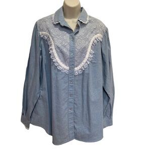 Vintage Rockmount Ranch Wear Chambray Embellished Lace Cowgirl Snap Front Shirt